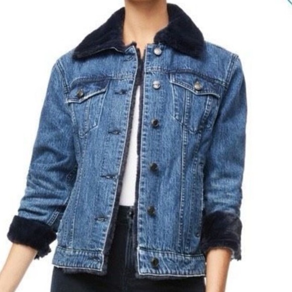 Good American Jackets & Blazers - Good American size 2 (large) faux fur jean jacket navy blue